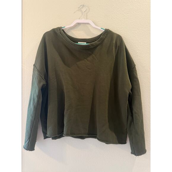 Eileen Fisher Long Sleeve Green Raw Edge Hem Pullover Sz L Sweatshirt - Picture 1 of 5